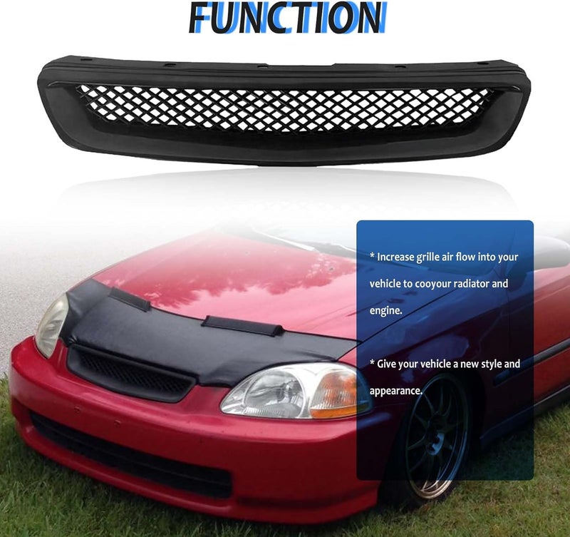 Kspeed Front Bumper Grille Fit 1996 1997 1998 for Civic CX/DX/EX/LX/HX,ABS Plastic Type-R Black Mesh Front Upper Grill Guard Replacement Part - Image 3